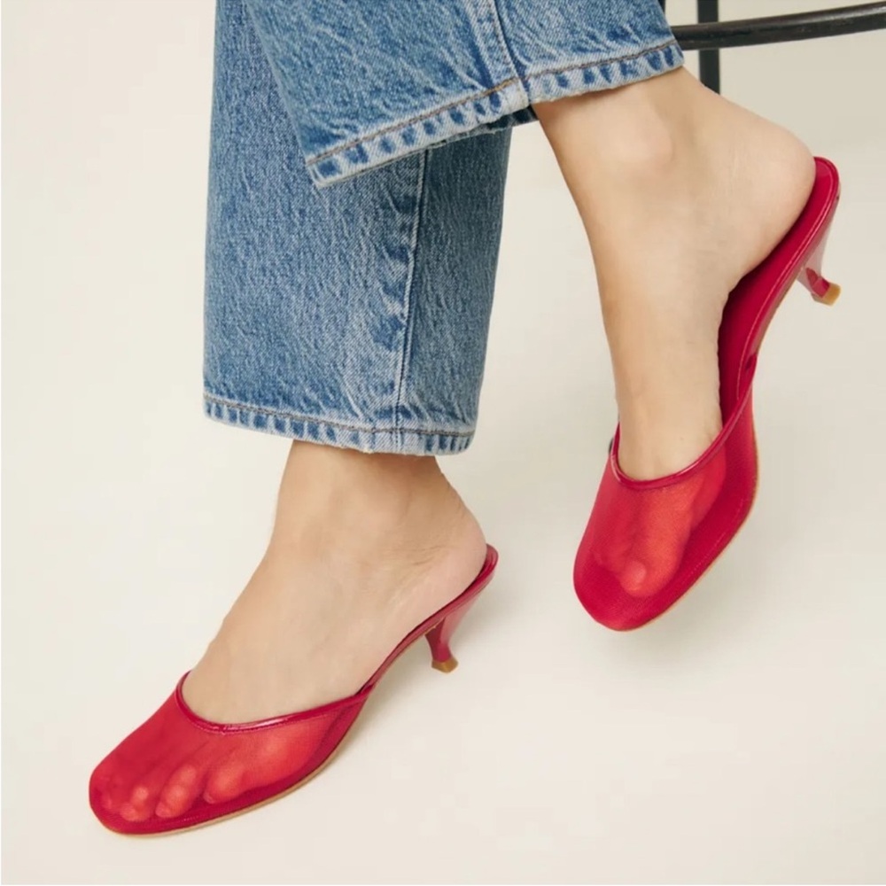 Reformation Kalinka Mesh Kitten Heel Mules Red 8.5 NWT